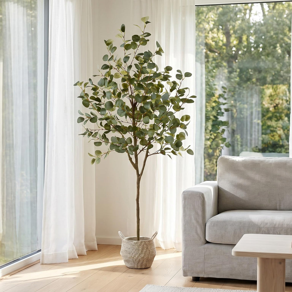Artificial Eucalyptus Tree 6ft Fake Plant with Woven Basket