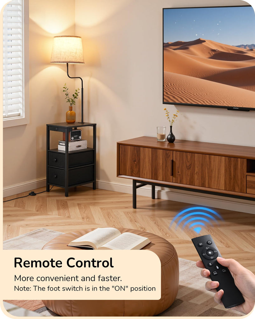 Floor Lamp with Table, Dimmable USB-A+Type-C Ports, Remote, Black