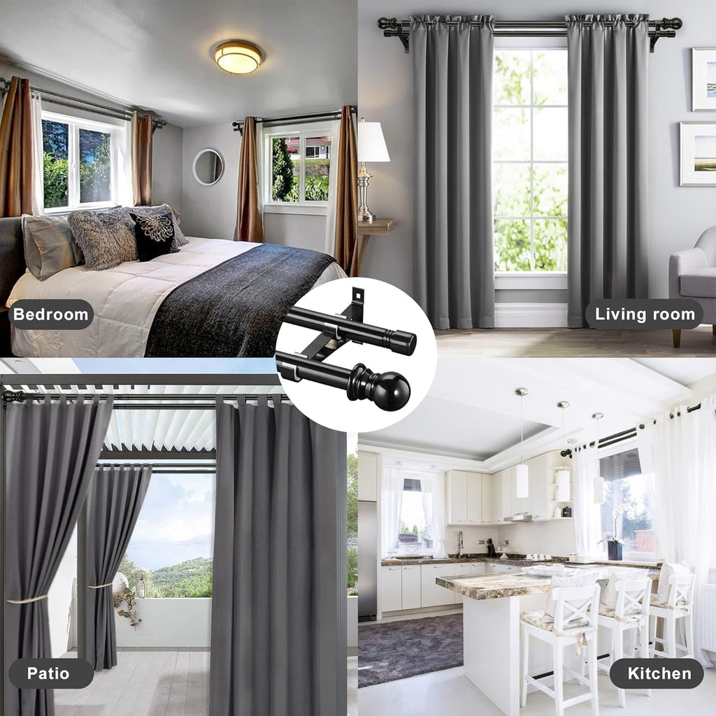 Double Curtain Rod 30-58", 1 inch Heavy Duty, Splicing Adjustable, Black