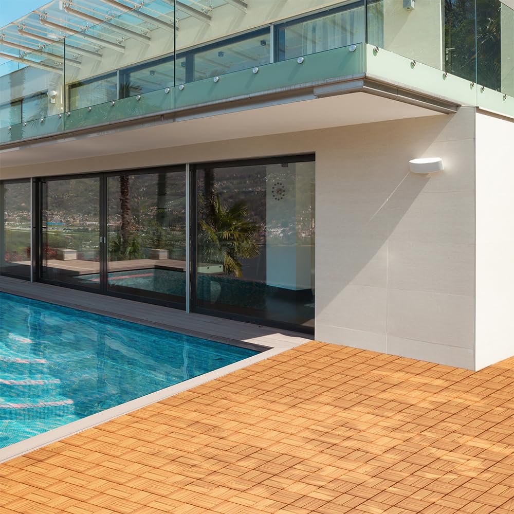 27 PCS 12" X 12" Acacia Deck Tiles, Waterproof Interlocking Deck Tiles for Indoor/Outdoor Wood Flooring, Easy DIY Snap