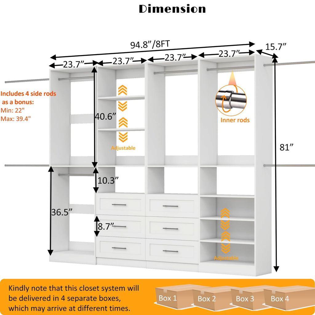 Closet System with 4 Sets, 8-21FT Closet Organizer Systems with 6 Drawers & 8 Hanging Rods & Adjustable Shelves, Walk