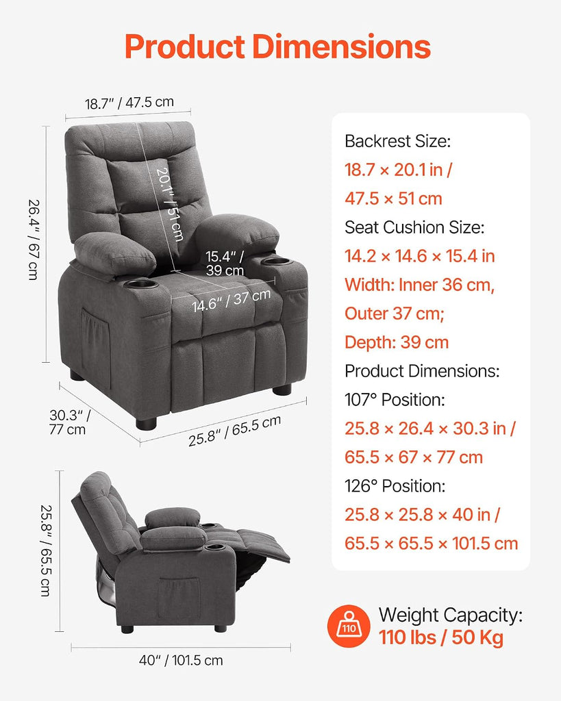 Kids Recliner Chair, Toddler Lounger with Cup Holders & Pockets, 107° to 126° Adjustable Back, Breathable Polyester