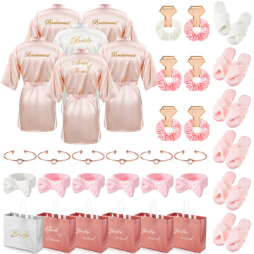 36 Pcs Bride Bridesmaid Robes Set of 6 Bridal Party Silk Satin Robes for Wedding Bachelorette Party Gifts(White, Pink)