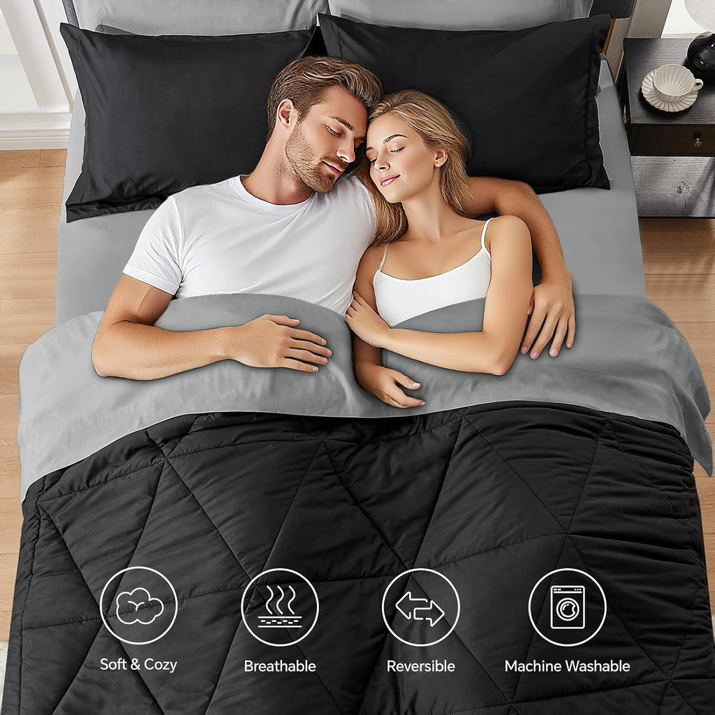 Queen Comforter Set 7 Pieces, Reversible Black Bed in A Bag - Set of 7