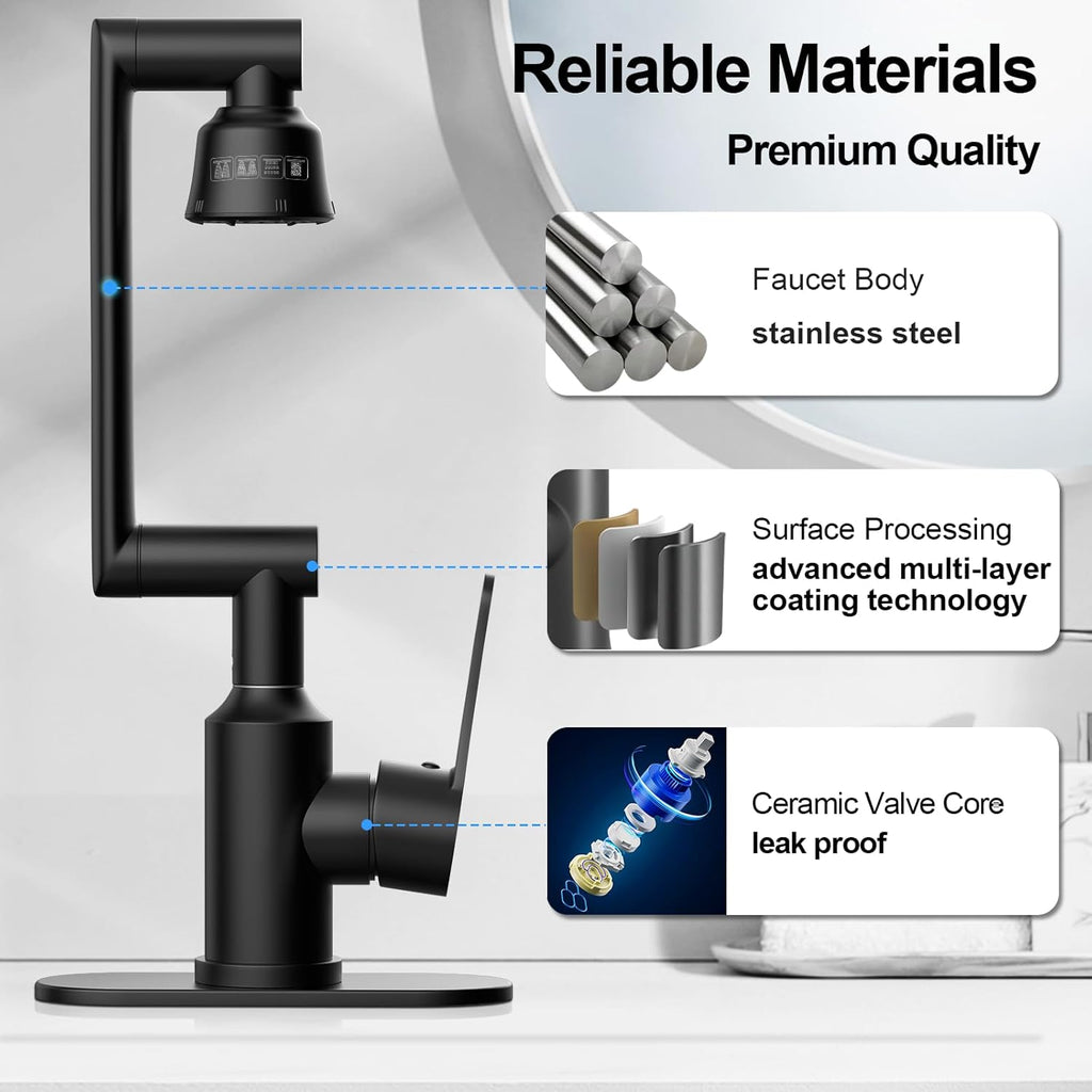 Bathroom Sink Faucet, FunnyAir Stainless Steel 1080° Rotatable Faucet for Sink 1 Hole or 3 Holes