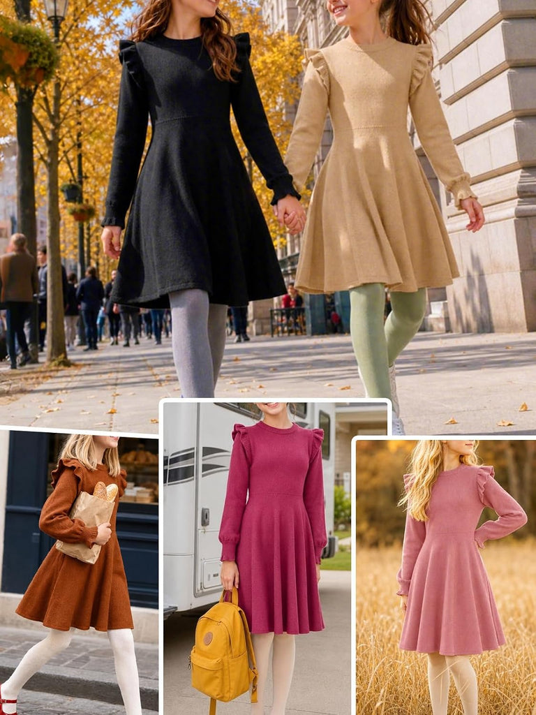 Girls Sweater Dress 2026 Midi Fall Winter Warm Long Ruffle Sleeve Round Neck Casual Pleated Teen Dresses