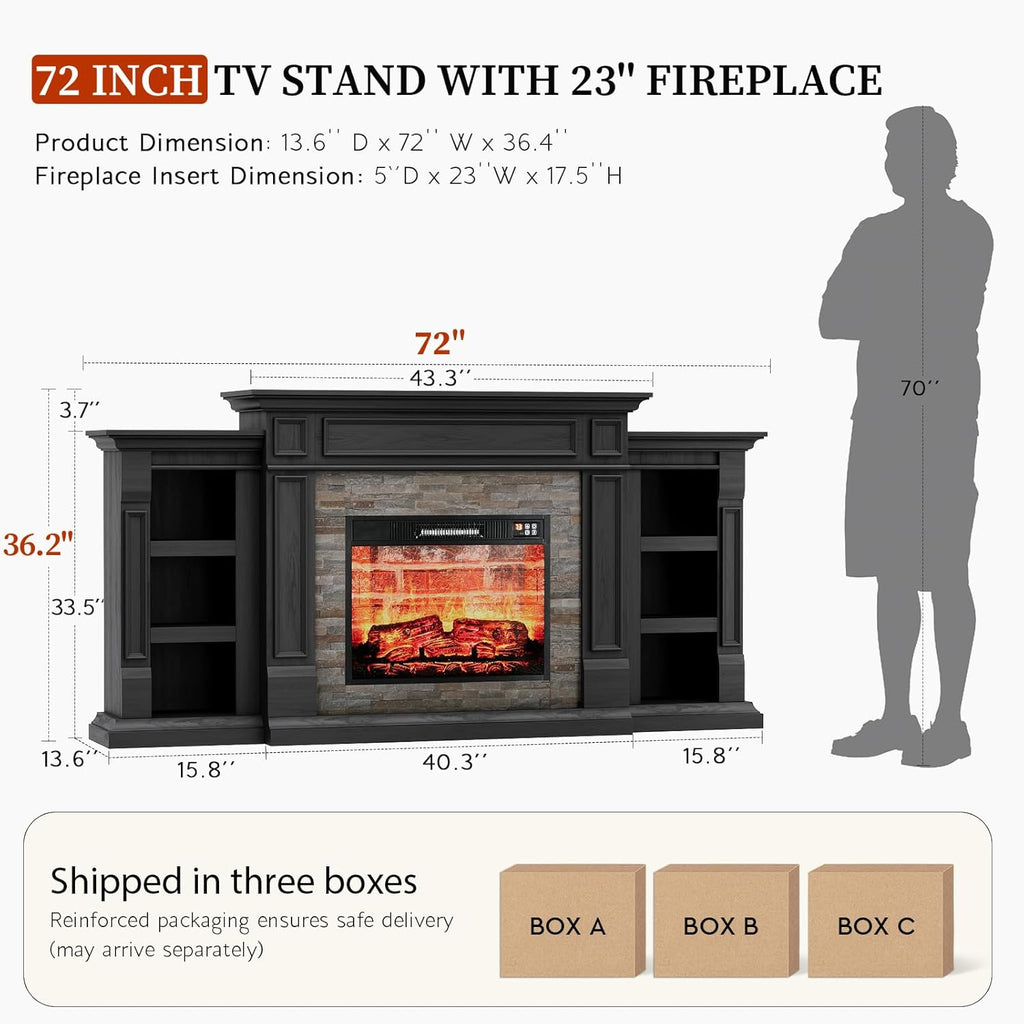 72" Electric Fireplace with Mantel, Fireplace TV Stand for TVs Up to 80 Inch, Modern Entertainment Center with