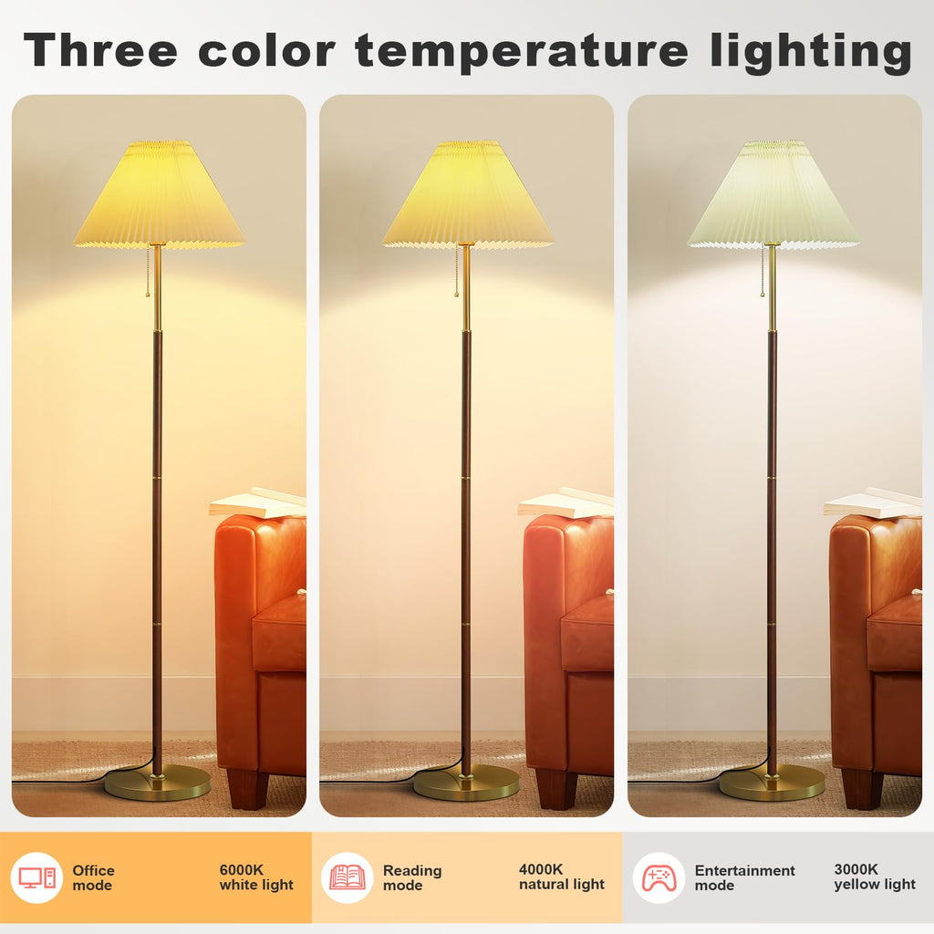 Pleated Lampshade Tall Floor Lamp Corner Bedroom Bedside Office, Brown Pole Lamp, Bright 12W Dimming Reading Light