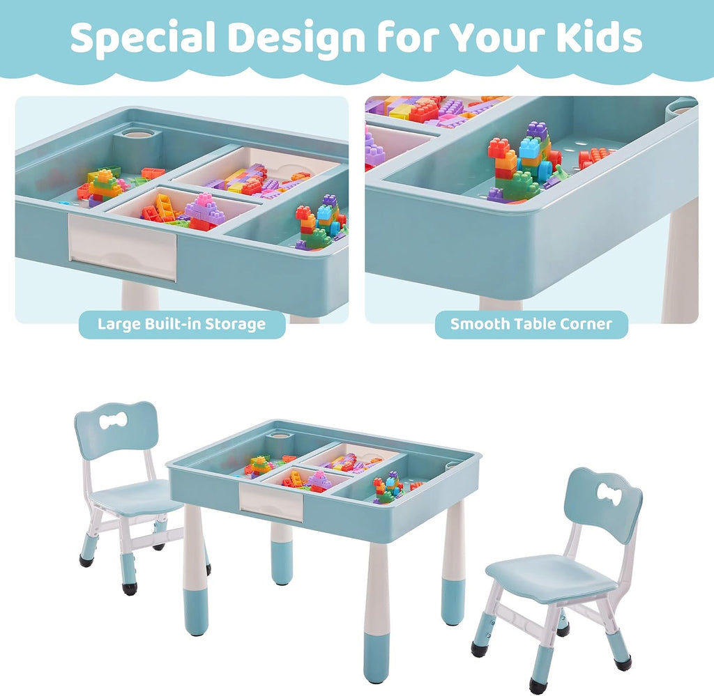 Kids Table & 2 Chairs Set, Double-Sided with Storage,Grayish Blue