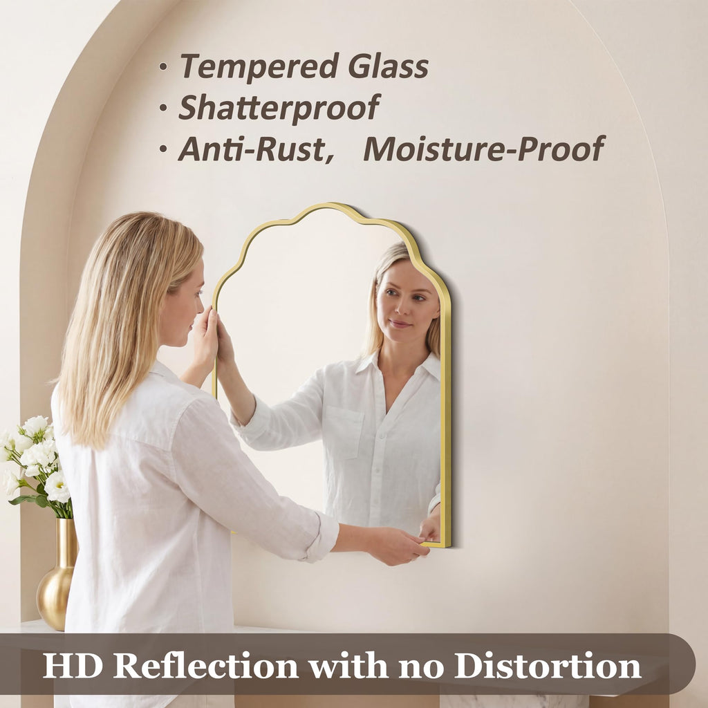 Gold Arched Mirror, 18×24Inch Scalloped Bathroom Mirror, Wavy Wall Mounted Vanity Mirror with Aluminum Alloy Frame
