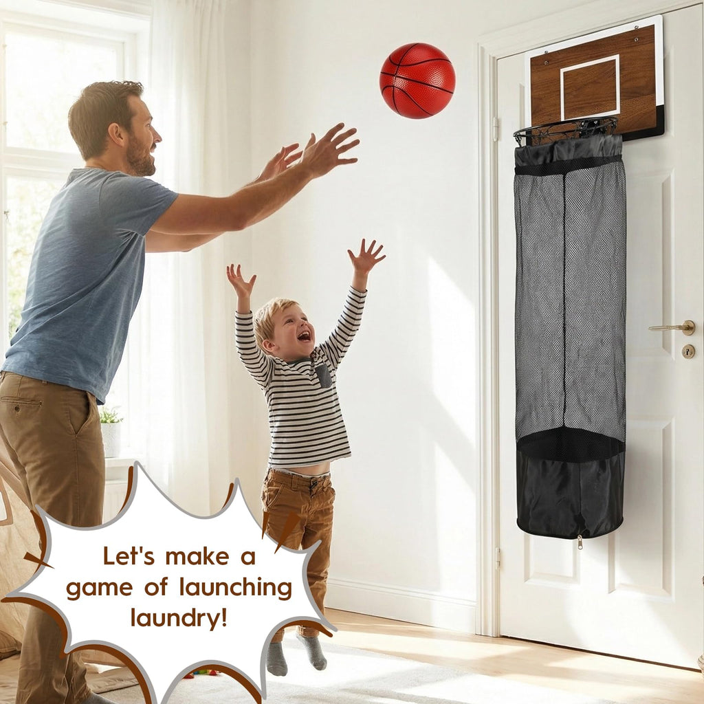 Over the Door Basketball Hamper,Wooden Hanging Basketball Hoop Laundry Basket with Zipper,3 Balls and Pump for Kids