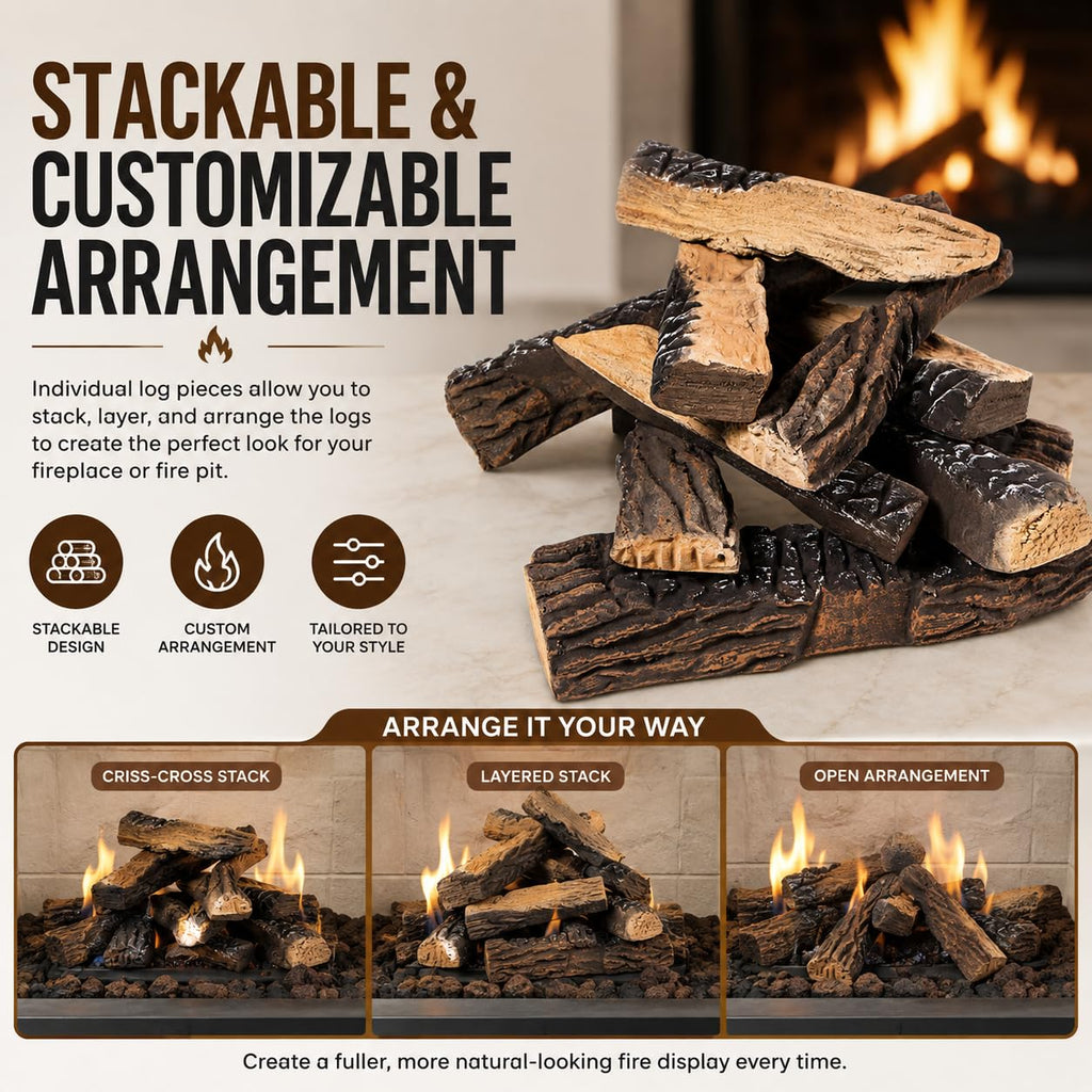 10-Piece Ceramic Fireplace Logs, Realistic Stackable Faux Wood Log Set for Gas Fire Pits, Fire Bowls, Fire Tables