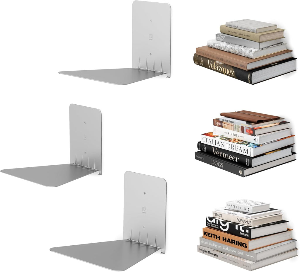 Conceal Floating Bookshelf, Metal Wall Shelf, Set of 3, Large, Silver | Powder coated steel, holds 15 lbs each