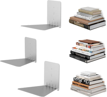 Conceal Floating Bookshelf, Metal Wall Shelf, Set of 3, Large, Silver | Powder coated steel, holds 15 lbs each