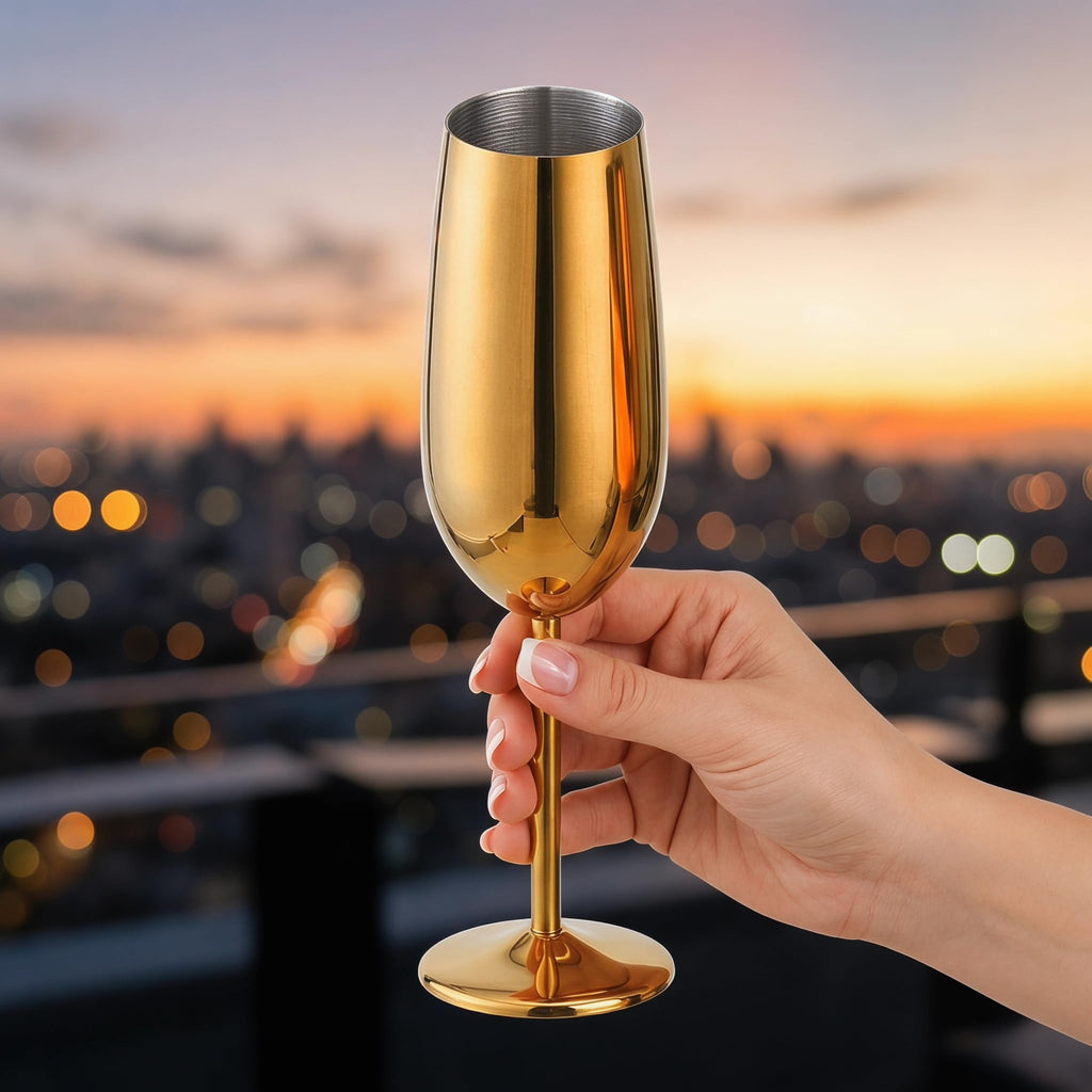2-Pack Unbreakable Stemmed Champagne Glasses, 18/10 Stainless Steel Champagne Flutes, 8 OZ Gold Champagne Flute with