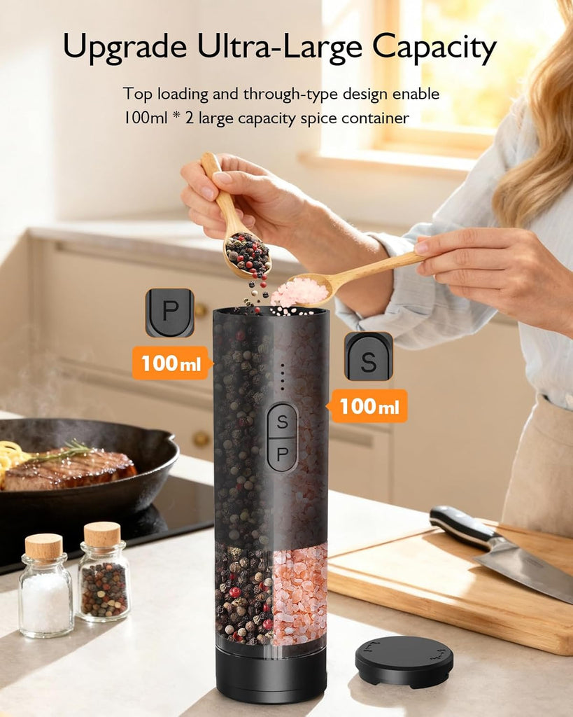 Electric Salt and Pepper Grinder Set, 2 in 1 Dual Bins USB Rechargeable