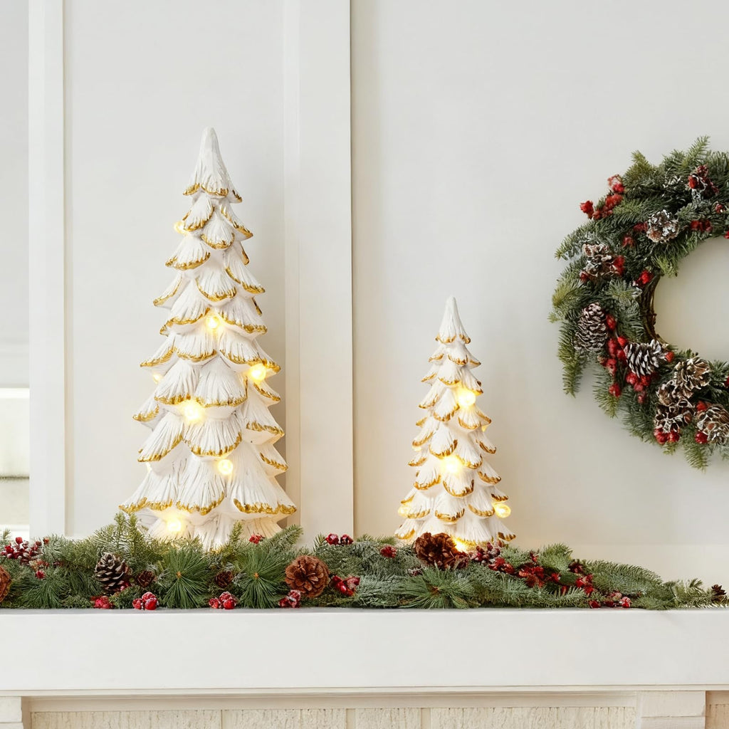 Christmas Trees Figurine White Light Up, 2Pcs Christmas Tree