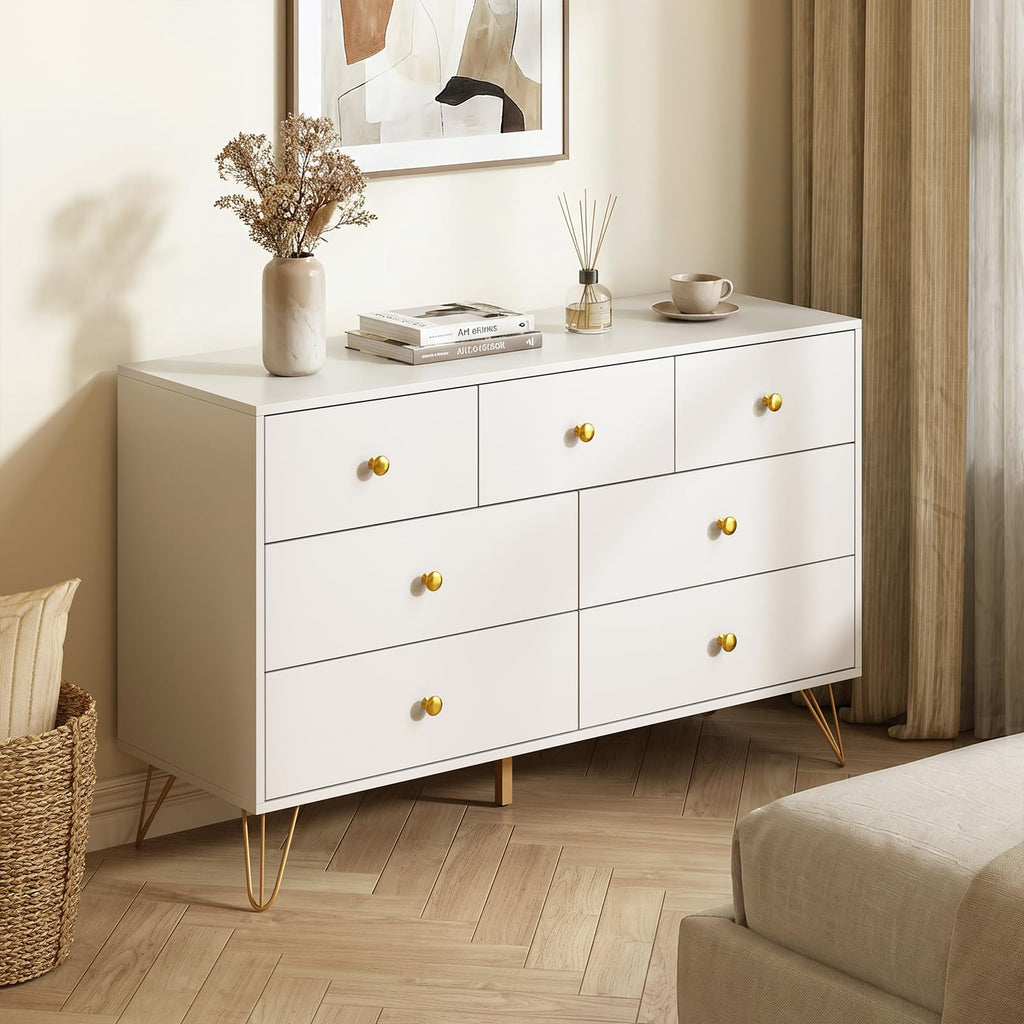 White, Modern 7 Drawer with Gold Handles and Metal Legs, White and Gold Dressers & Chest of Drawers