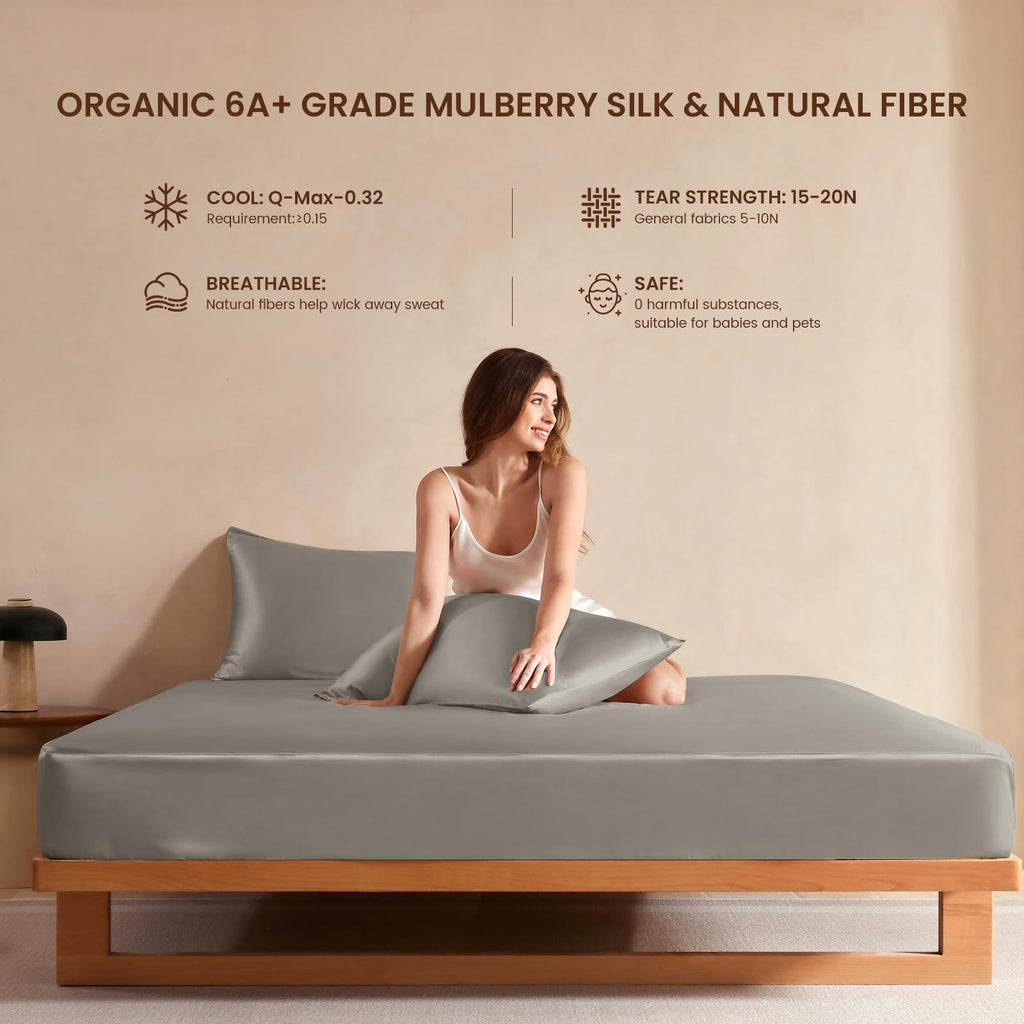 Luxury Mulberry Silk Fitted Sheet Set 3 Pcs, Silk Bed Sheet Set with 16" Deep Pockets, Soft & Cooling Sheets, 1