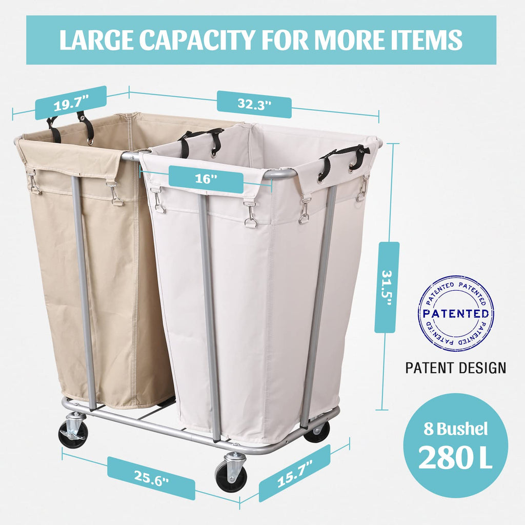 2-Section Rolling Laundry Sorter, Oat and White