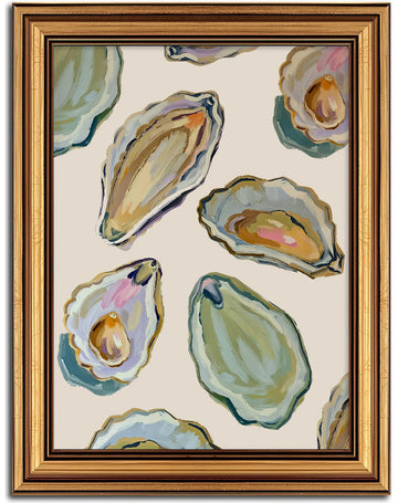 Vintage Gold Framed Wall Art Abstract Coastal Oyster Shell Painting Picture Wall Decor Coastal Beach House Poster
