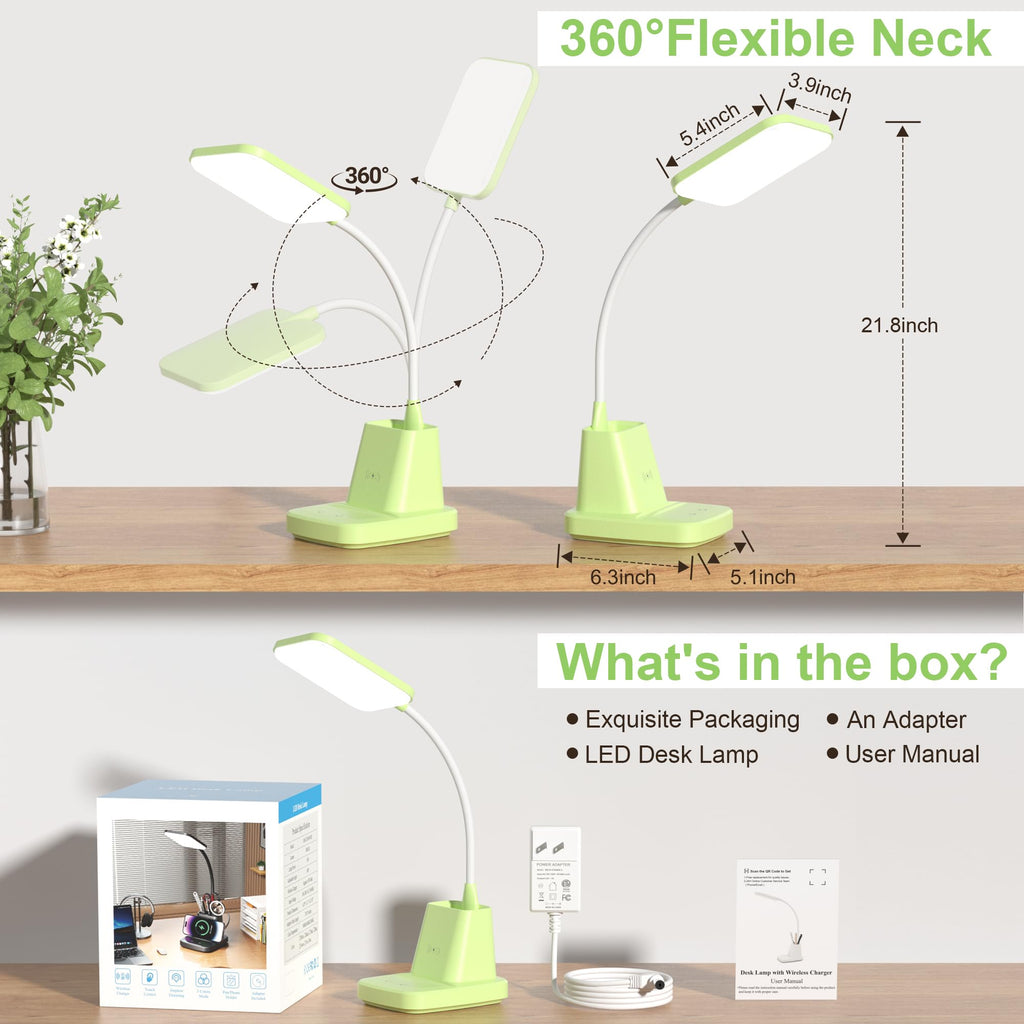 LED Desk Lamp with 10W Wireless Charging & Pen Holder, Light Green