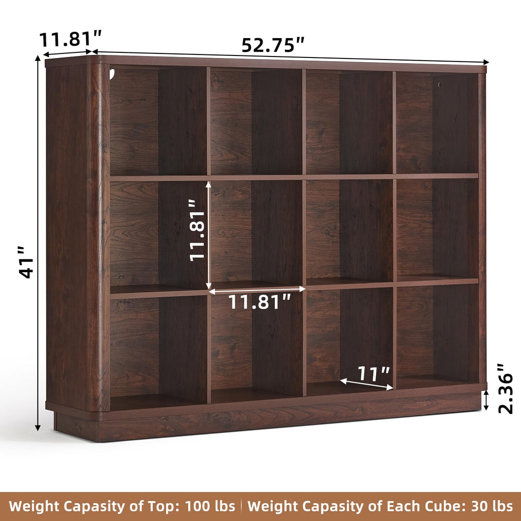 12 Cube Storage Organizer, 41" Large Bookshelf with Curved Edge, Wood Floor Standing 3-Tier Cubby Bookcase w/Base