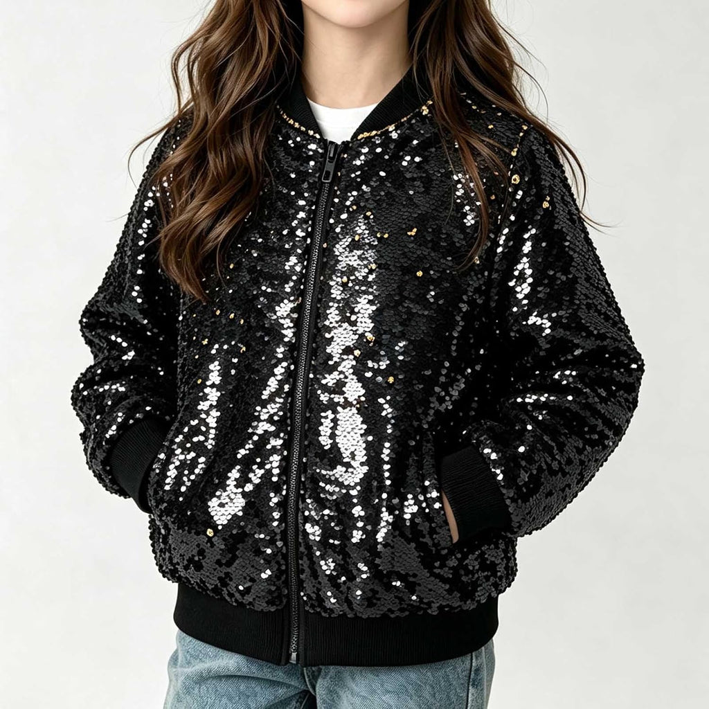 Kids Glitter Sequin Zip Up Bomber Jacket for Boy Girl Y2K Sparkly Back to School Party Coat Stage Performance Jackets