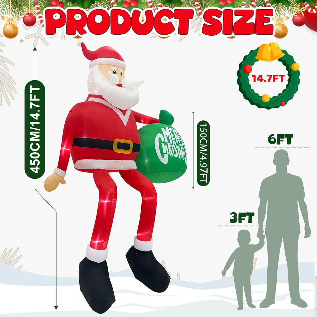 15FT Christmas Inflatable Outdoor Decoration, Climbing Santa Giant Christmas inflatables Christmas Blow Ups with LED