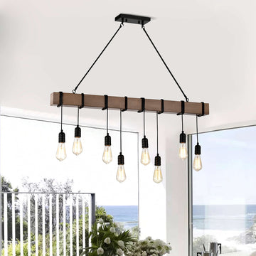Natural Wooden Beam Linear Chandelier 41.7 Inches L X 5 W 38.6 H Industrial Iron