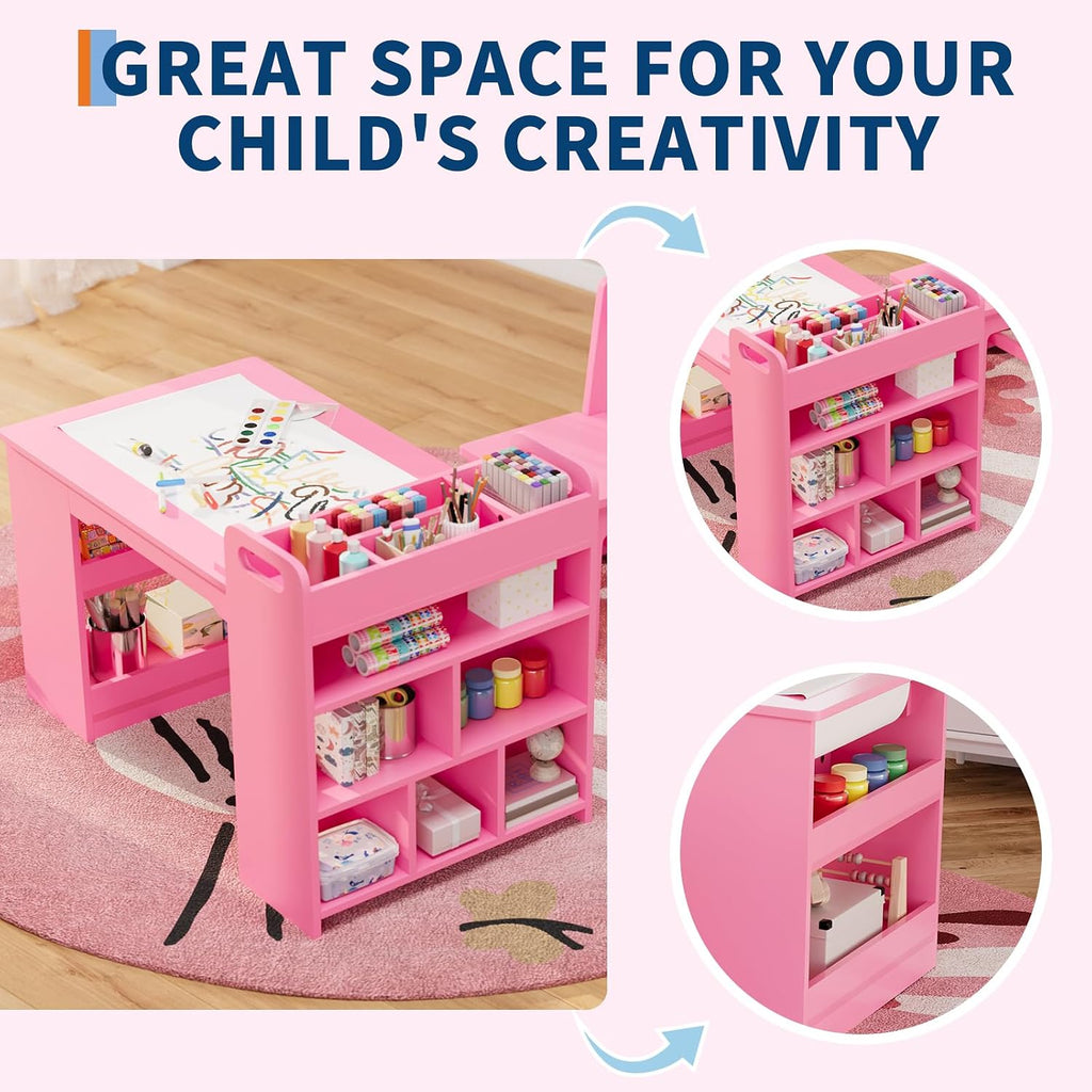 49'' Kids Art Table,Craft Desk with 2 Chairs & Storage Shelves