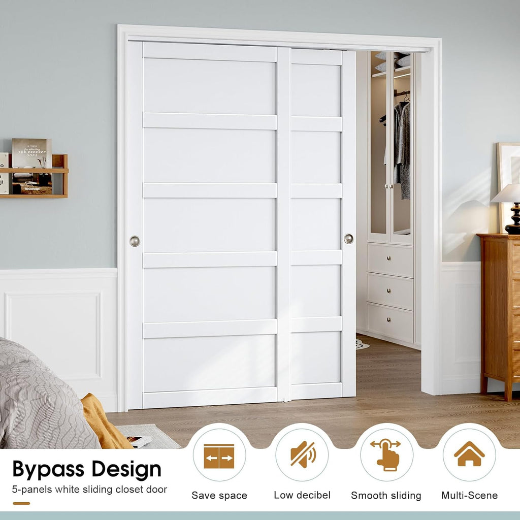 Sliding Closet Door 72"×80" (Double 37"), 5 Panels Bypass Barn Doors with Hardware Track Kit Include