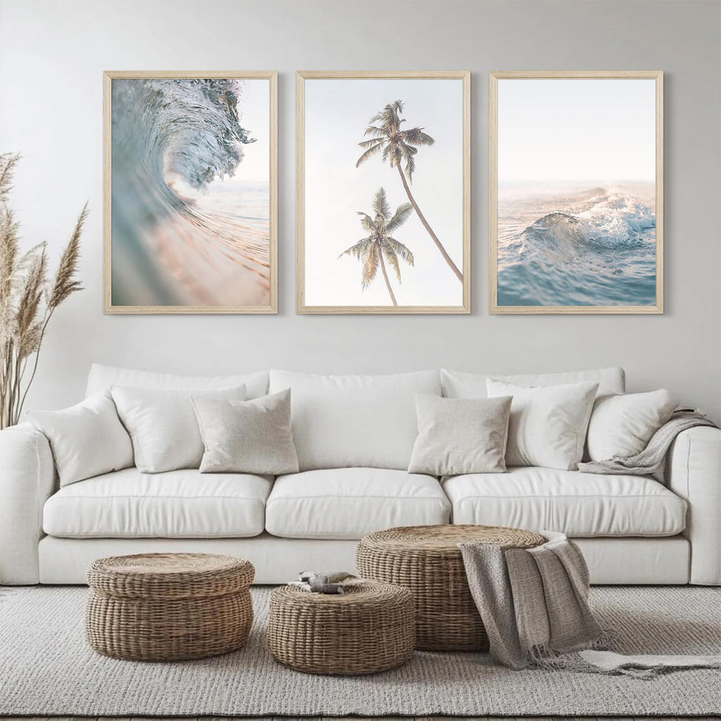Beach Wall Art Pictures Coastal Canvas Wall Decor Ocean Waves Poster Blue Beach Scene Artwork Palm Tree Art Coastal