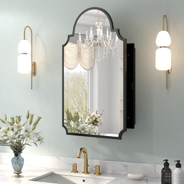 Black Decorative Medicine Cabinet Mirror, 20"x32" Recessed or Surface Mount Metal Irregular Medicine Cabinet