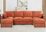 110” Chenille 4 Seater Sofa W/Movable Ottomans, Modern Fabric U-Shaped Couch w/Soft Backrests