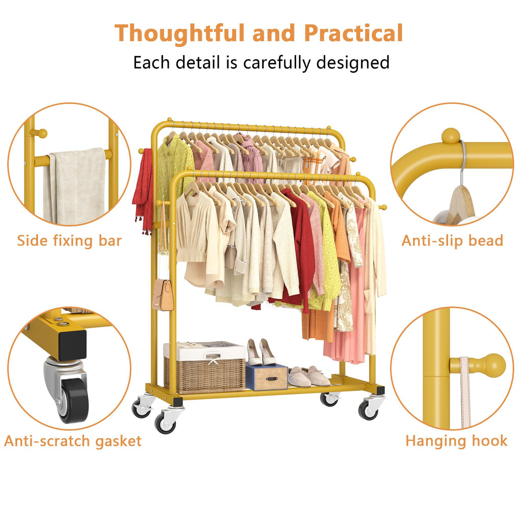 Double Rods Garment Rack with Wheels, Clothing Rack for Hanging Clothes, 4 Hooks, Multi-functional Bedroom Clothes