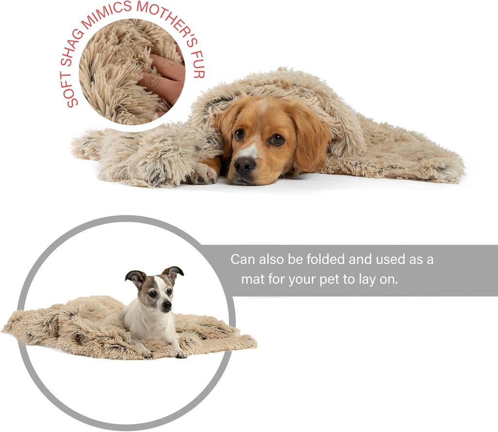 The Original Calming Donut Cat and Dog Bed in Shag Fur Taupe, Small 23" and Blanket, Taupe, 30"x40"