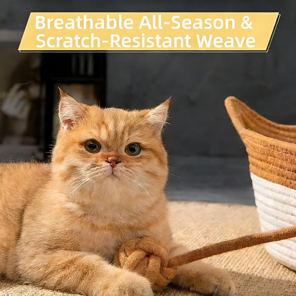 Large Cat Bed Rope Cotton, Eliminates Bed Rejection Round Pet Basket, Boho Catbed for Cats Handwoven Scratchable