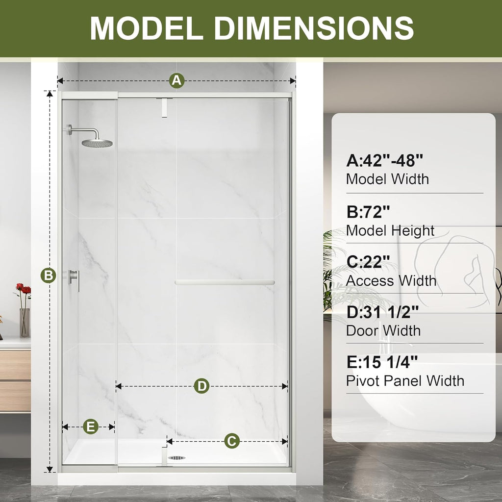 Pivot Shower Door, 42-48" W x 72" H Semi-Frameless Swing Glass Shower Door with Explosion-Proof Film Nano Coating