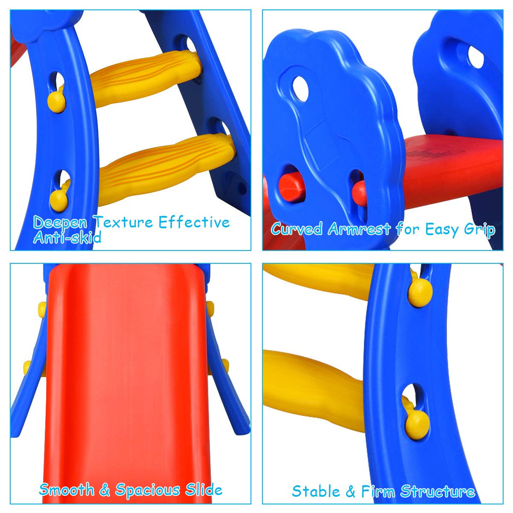 Folding Slide, Indoor First Slide Plastic Play Slide Climber Kids (Floral Rail +Basketball Hoop)
