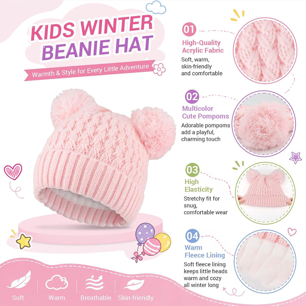 Kids Winter Hat Gloves Scarf Set, Unisex Children Beanie Hat with Pom