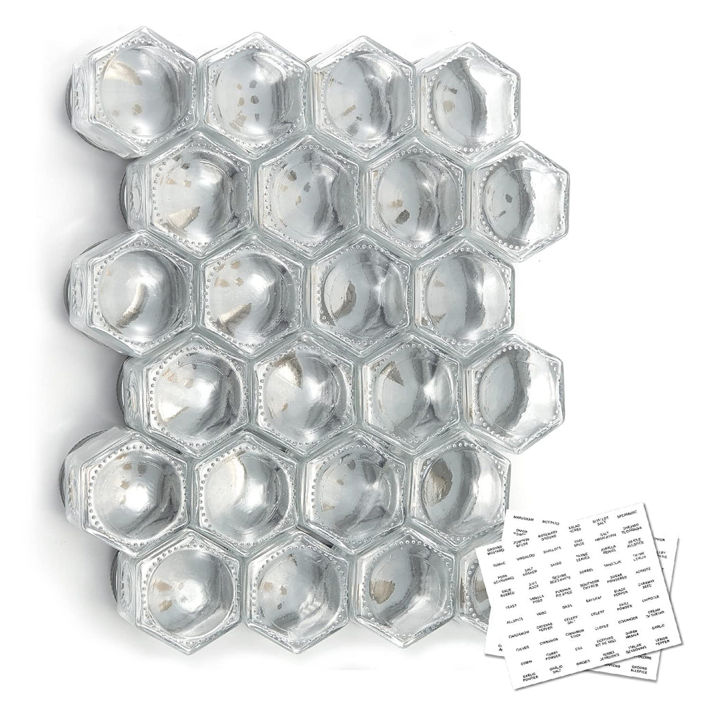 Set of 24 Hexagon Glass Spice Jars with Shaker Lids and Labels for Refrigerator, Kitchen, RV Travel Trailer Magnetic