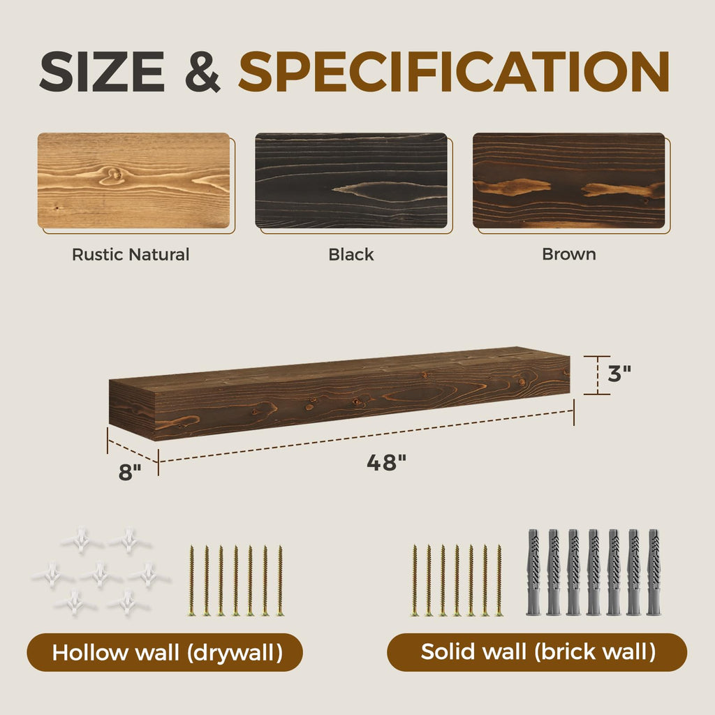 48'' Fireplace Mantel, 3'' Thick Pine Wood Floating Shelf, Brown