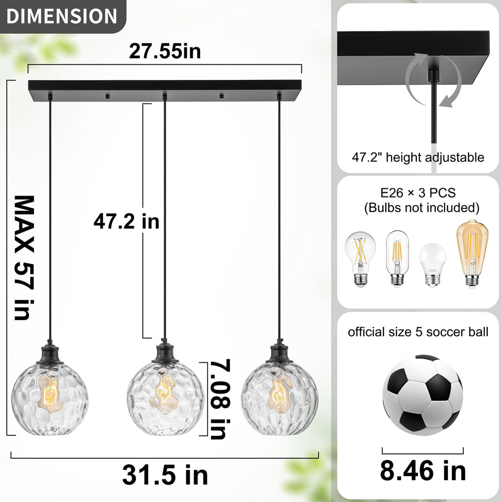 3 Light 31.5" Black Linear Pendant Lights with Clear Hammered Glass Shade