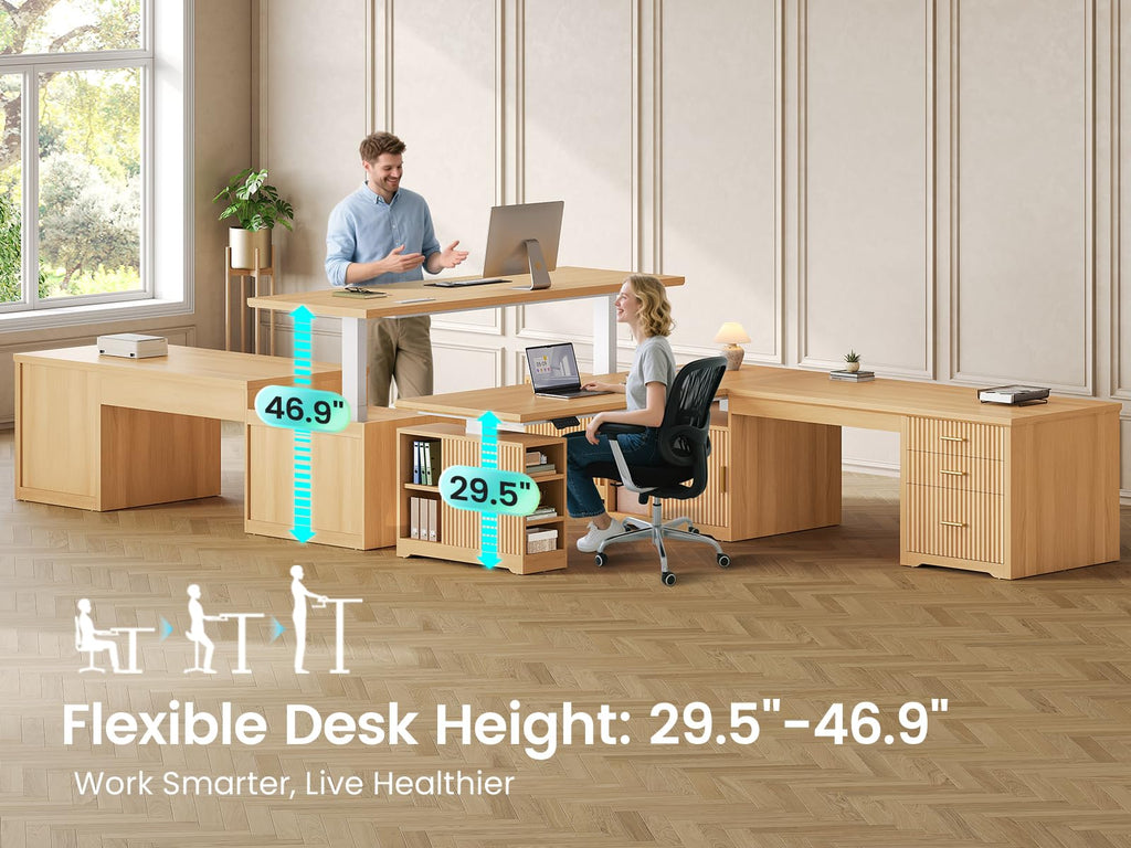 Fluted L Shaped Standing Desk with Storage, Oak