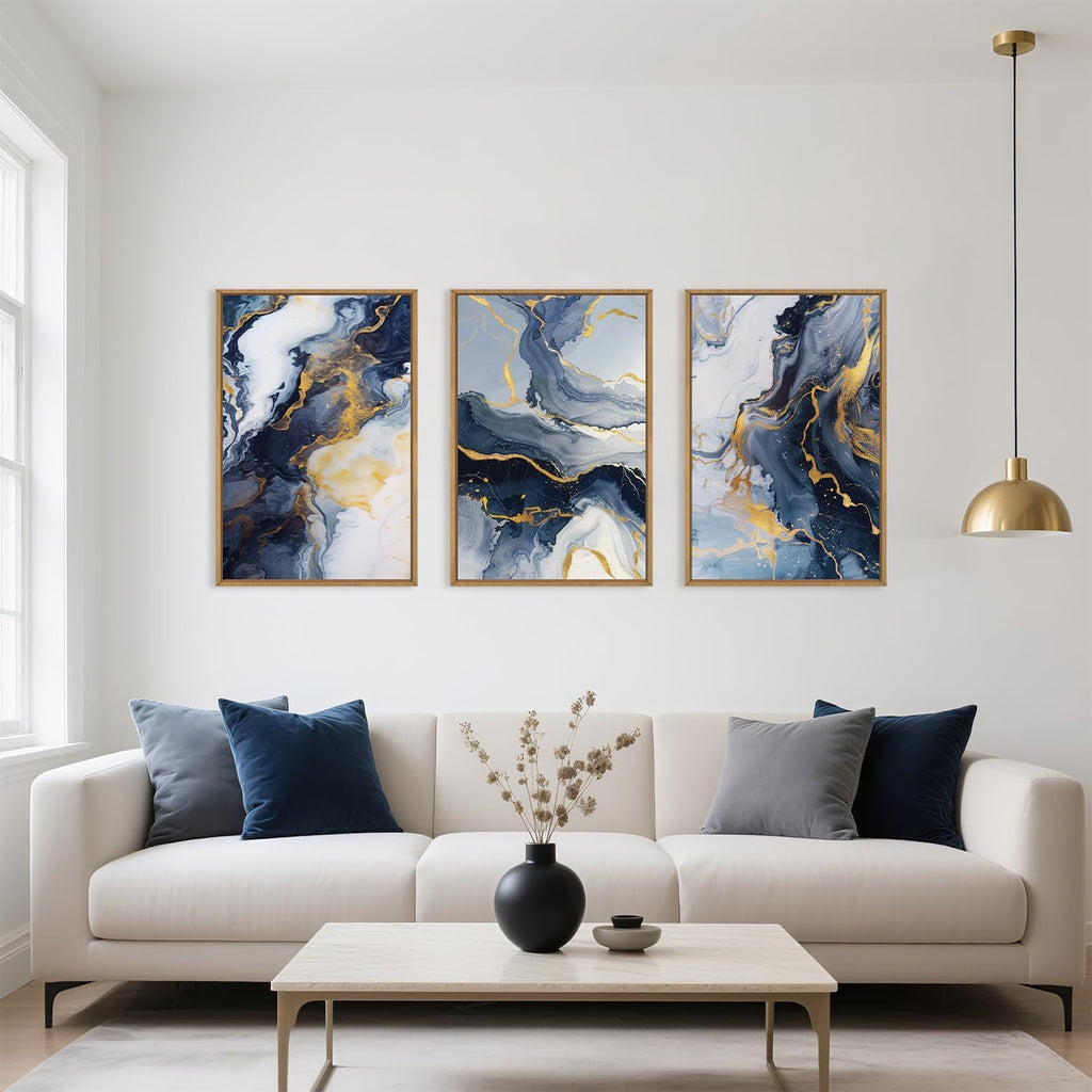 Navy Blue and Gold Framed Canvas Wall Art Set,Mid-Century Modern Abstract Wall Decor,Navy Blue Ink Wash