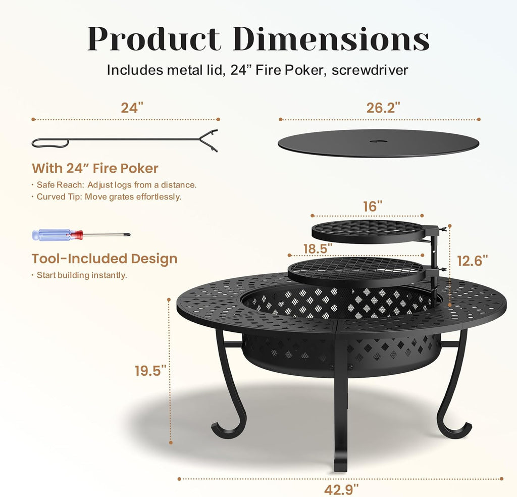 Outdoor Fire Pit, 43" Fire Pit for Outside Wood Burning with Adjustable 2 Grills, Firepit with Lid and Fire Poker, BBQ
