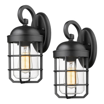 Outdoor Wall Light Fixtures, Black Outdoor Porch Lights Wall Mount with Clear Glass, Industrial Lantern Cage