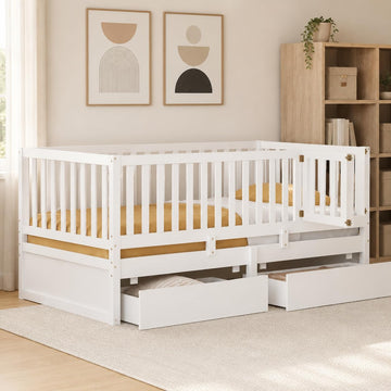 Solid Wood Twin Size Daybed with Storage Drawers and Safety Guardrail, White
