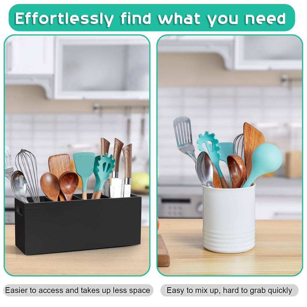 Large Utensil Holder with Removable Divider - 4 Compartment Wooden Utensil Caddy Organizer Counter - Black Cooking